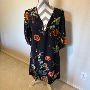 Johnny Was Black Silk Dress with Colorful Floral Design